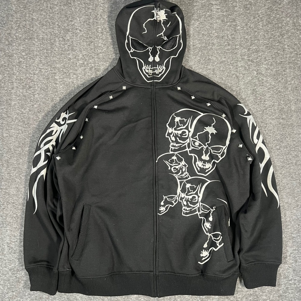Vtg Ablanche Mens 2XL Black Skull Full Zip Mask Hoodie Studded Y2K Tribal Goth